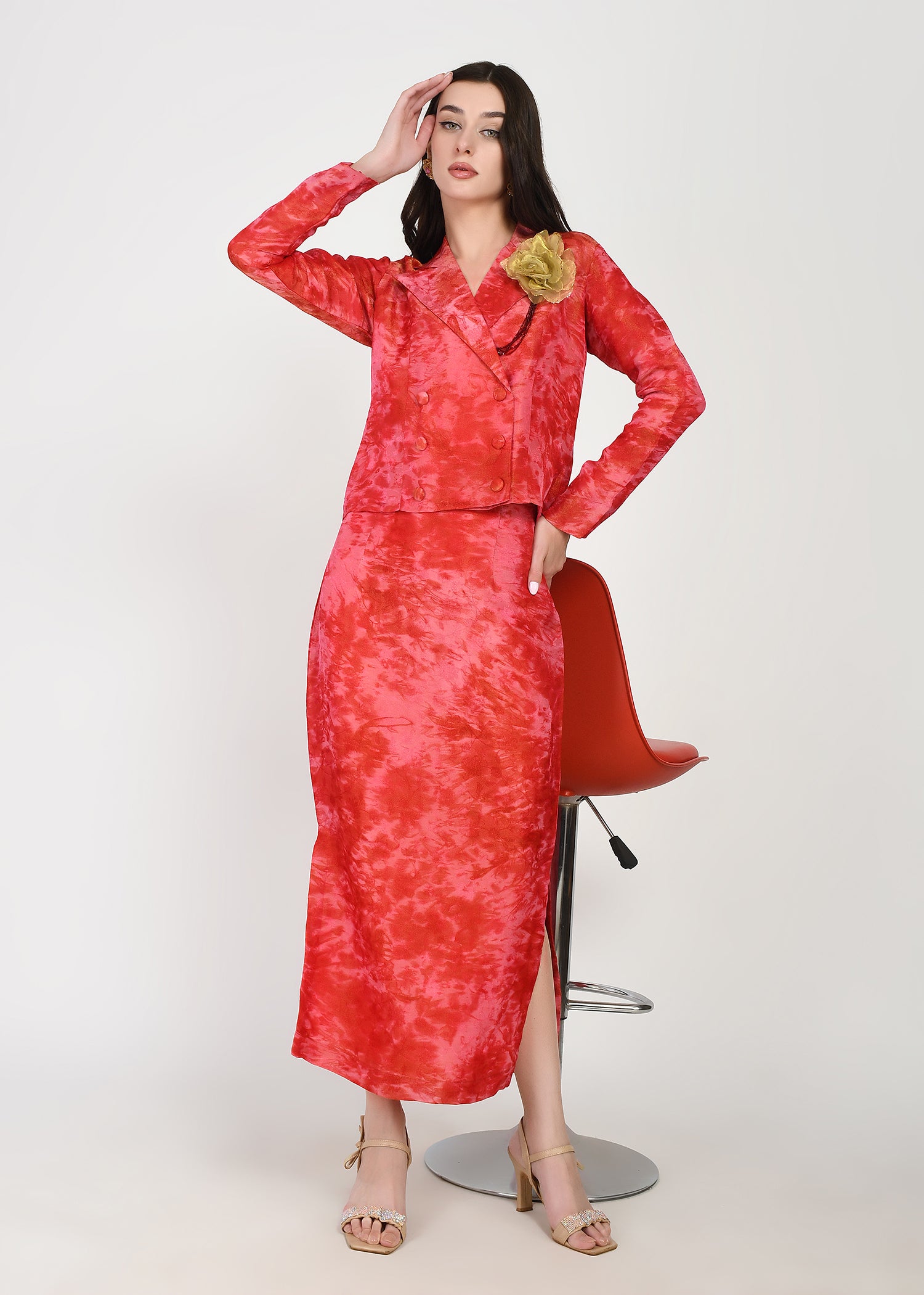 Crimson Red Crop Blazer & Straight Skirt Set
