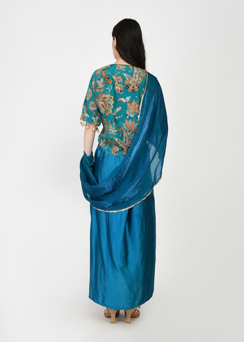 Azure Bloom Draped Skirt Set