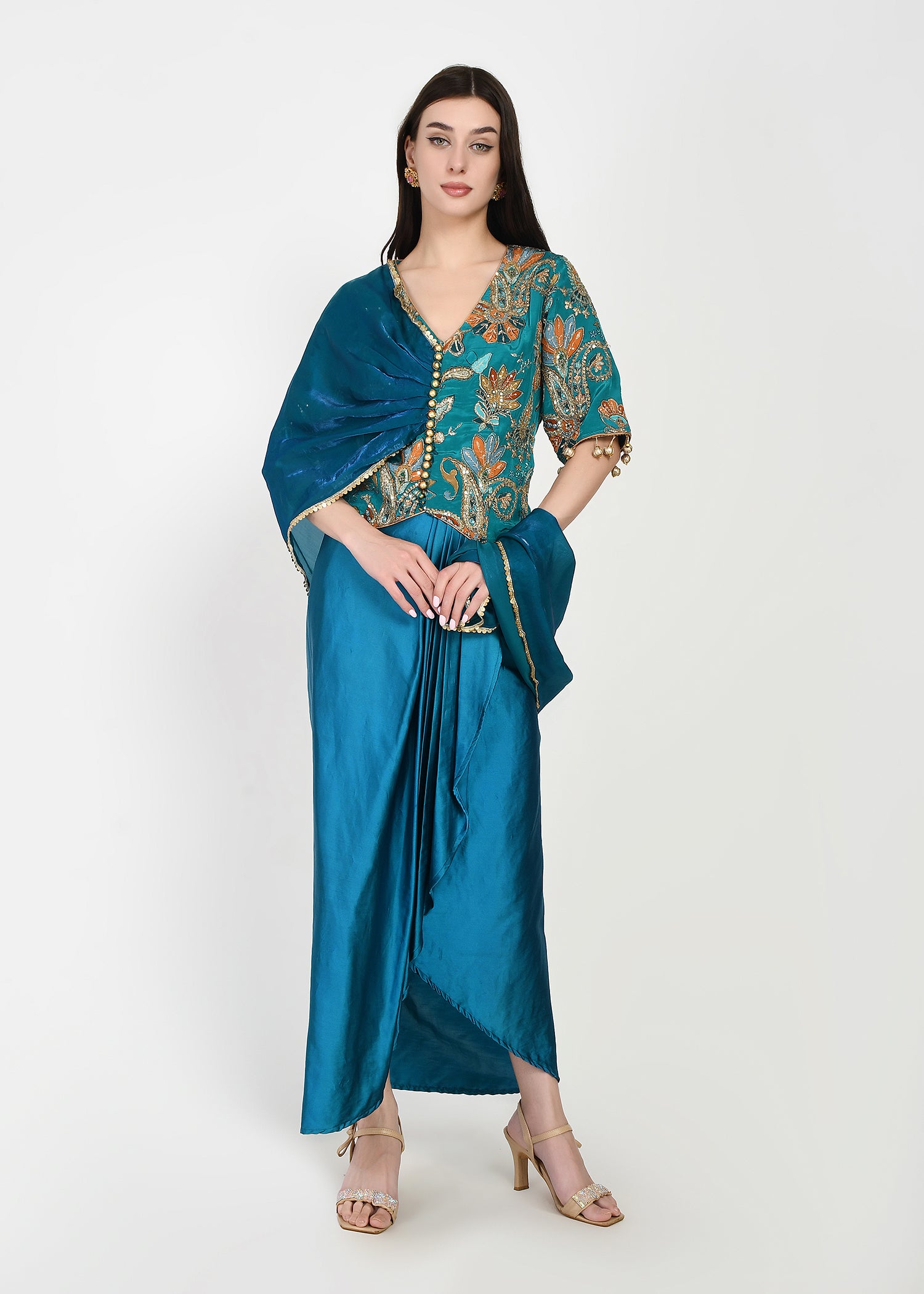 Azure Bloom Draped Skirt Set