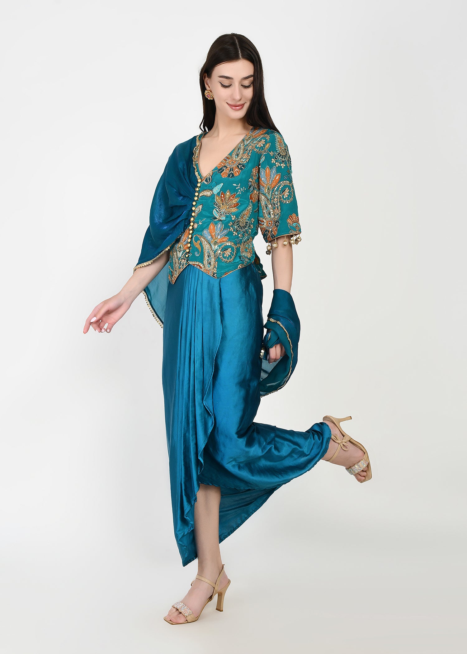 Azure Bloom Draped Skirt Set