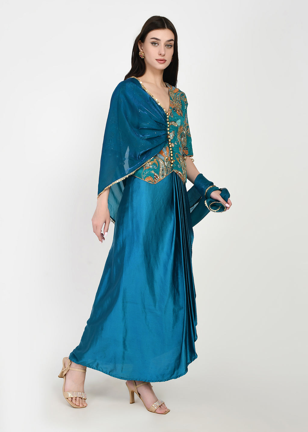 Azure Bloom Draped Skirt Set