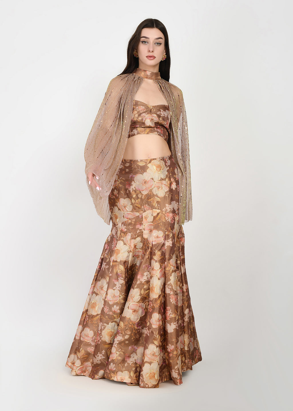 Mocha Gold Whispers of Spring crop-top skirt and cape Ensemble