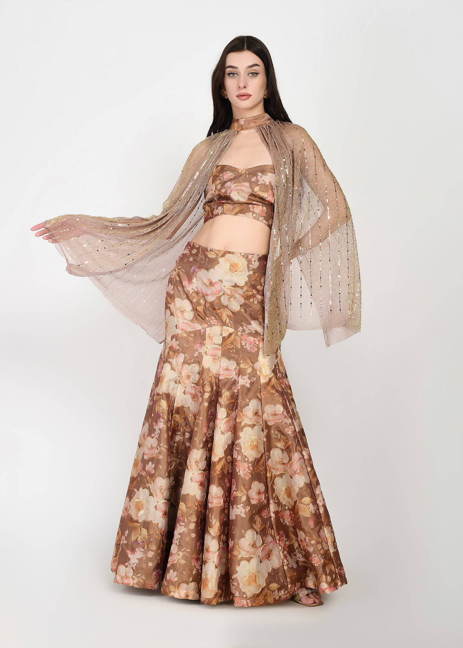 Mocha Gold Whispers of Spring crop-top skirt and cape Ensemble