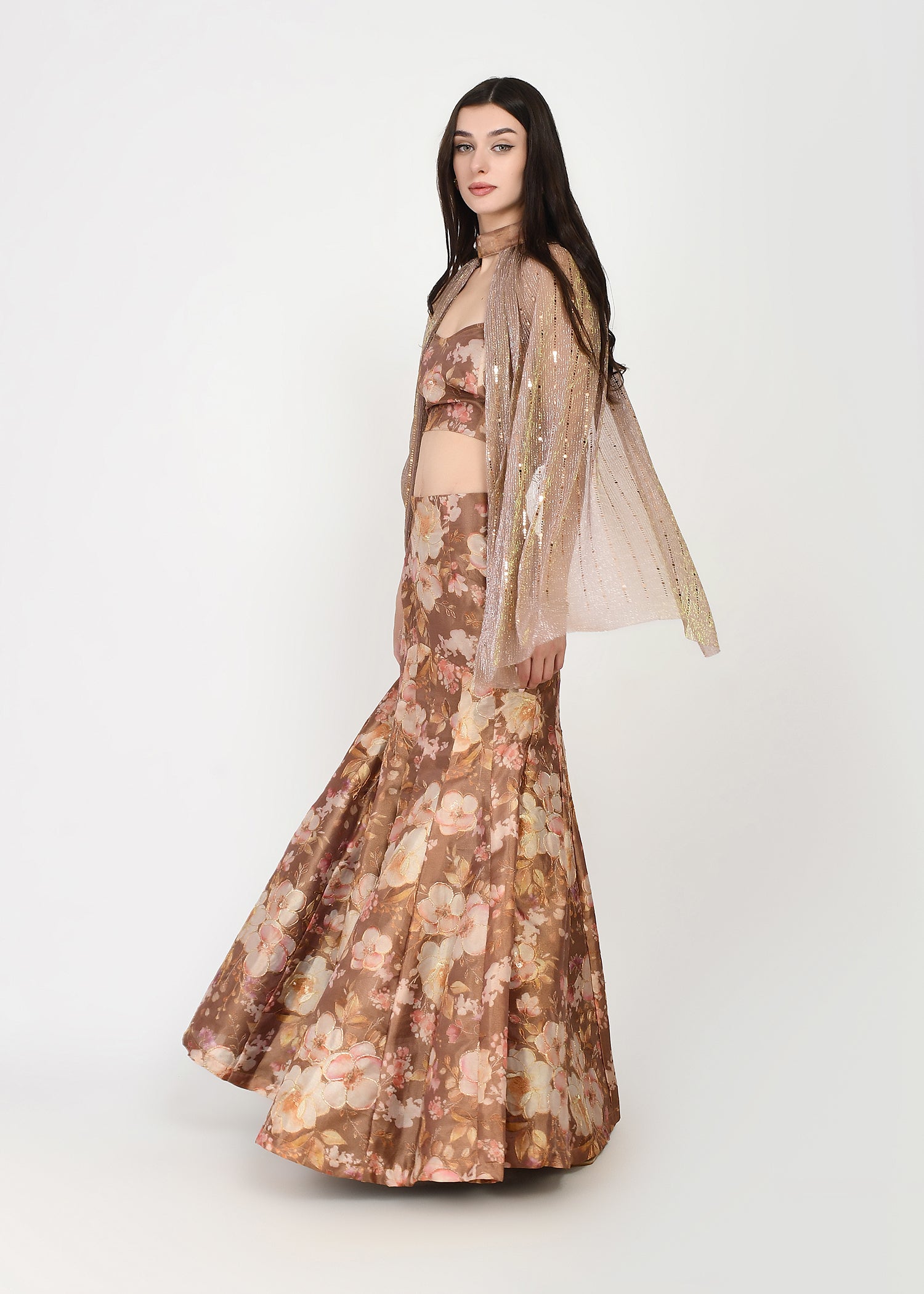 Mocha Gold Whispers of Spring crop-top skirt and cape Ensemble