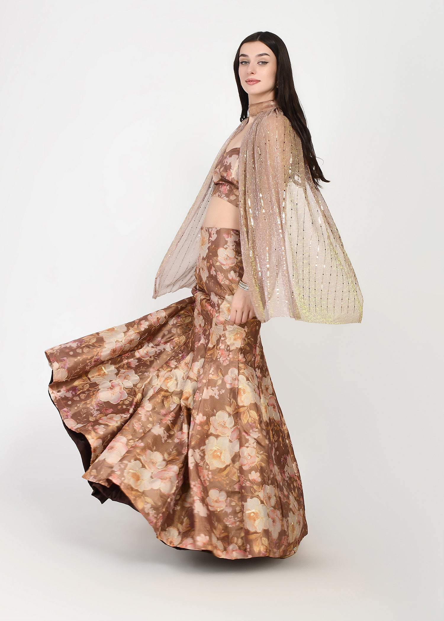 Mocha Gold Whispers of Spring crop-top skirt and cape Ensemble