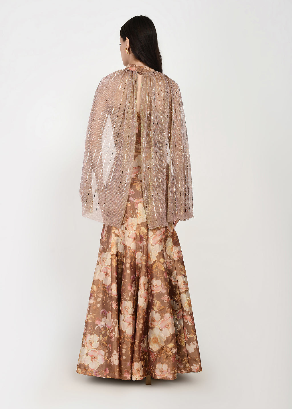 Mocha Gold Whispers of Spring crop-top skirt and cape Ensemble
