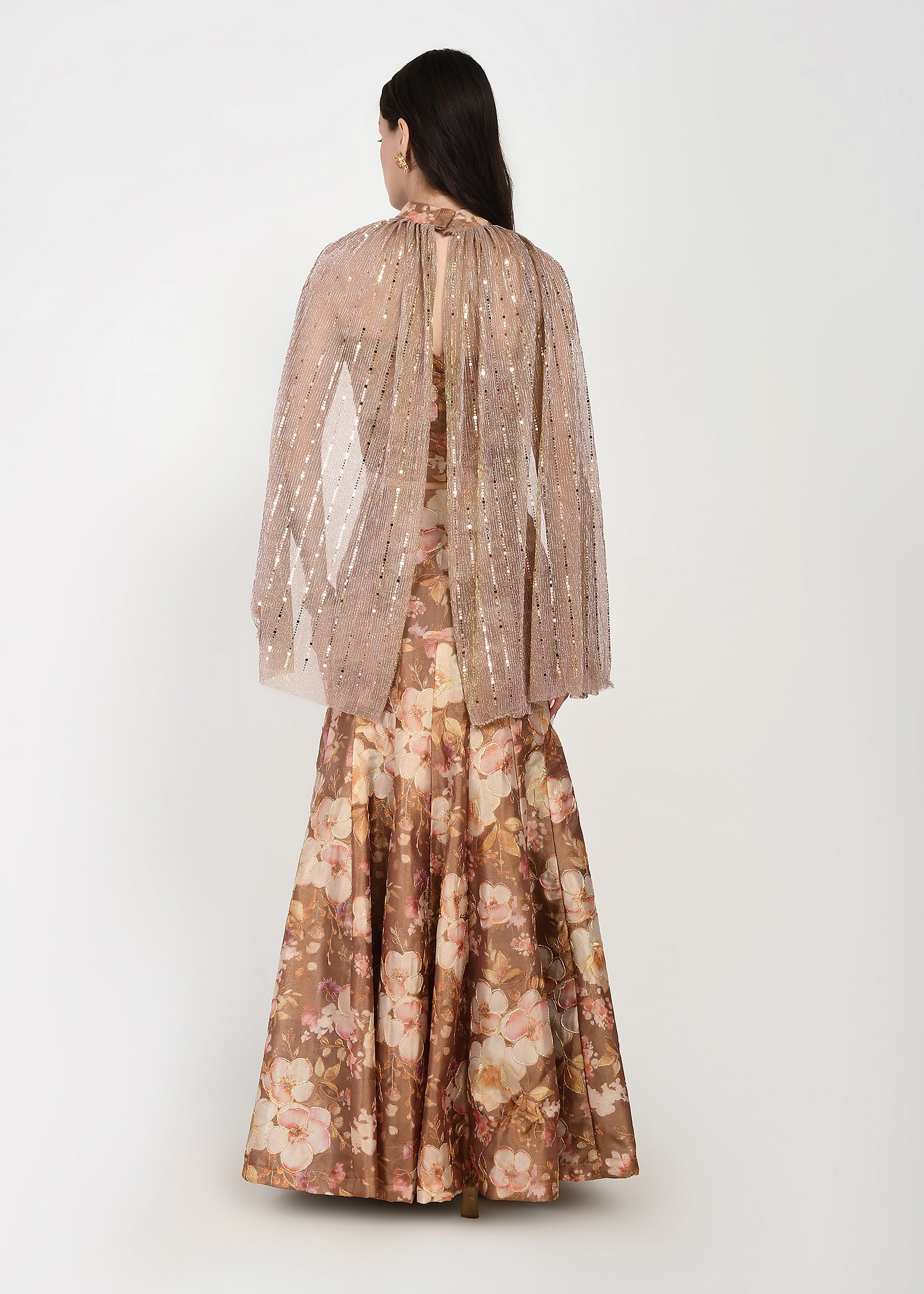 Mocha Gold Whispers of Spring crop-top skirt and cape Ensemble