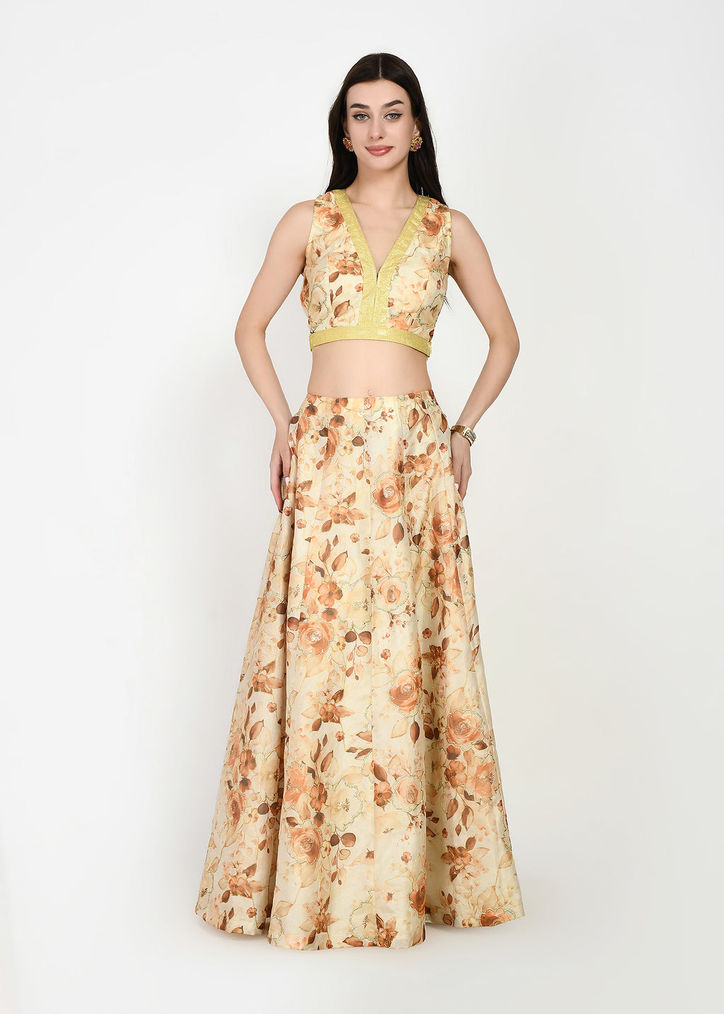 Sunset Hues Yellow Floral Crop-top Skirt Set