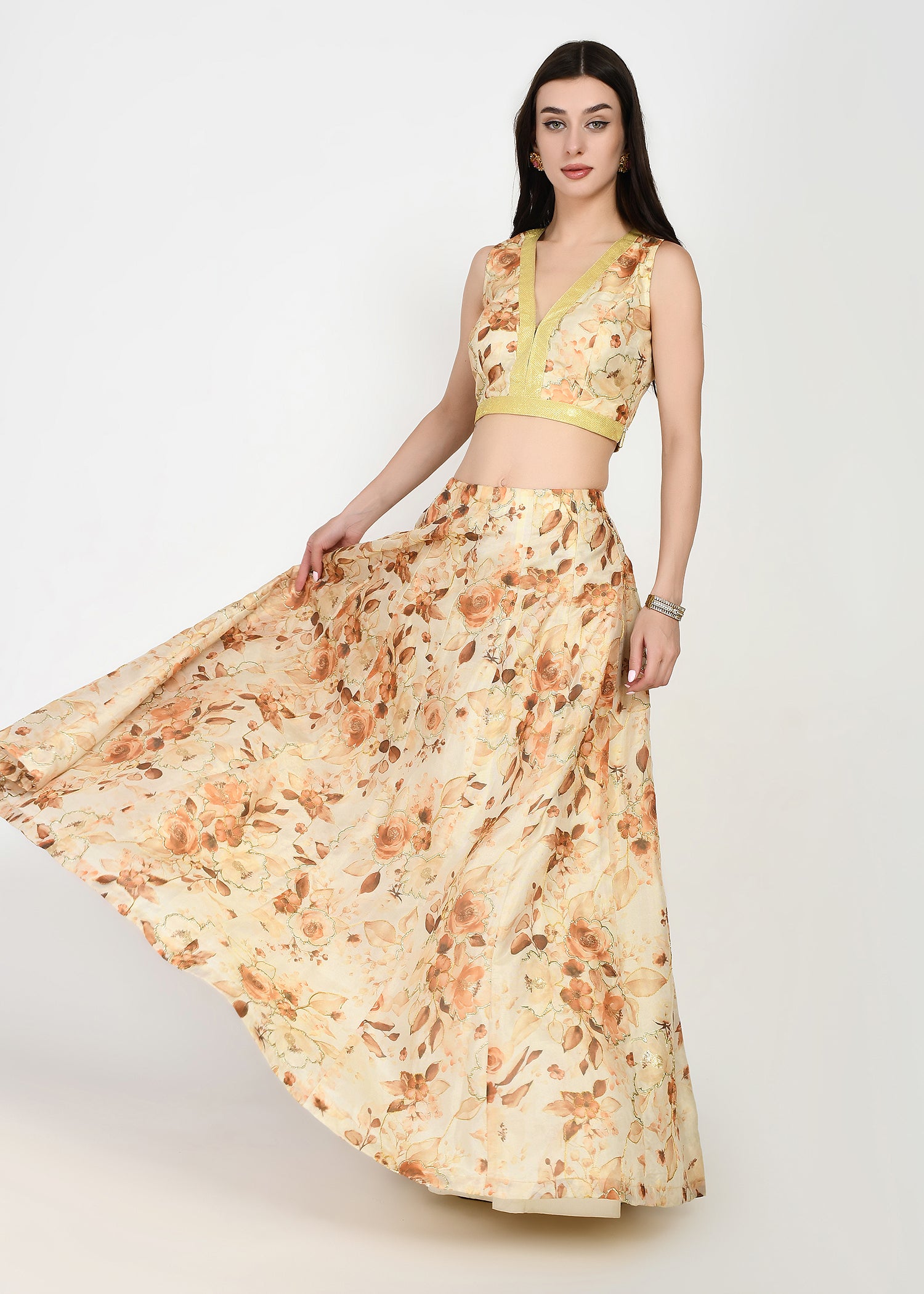 Sunset Hues Yellow Floral Crop-top Skirt Set