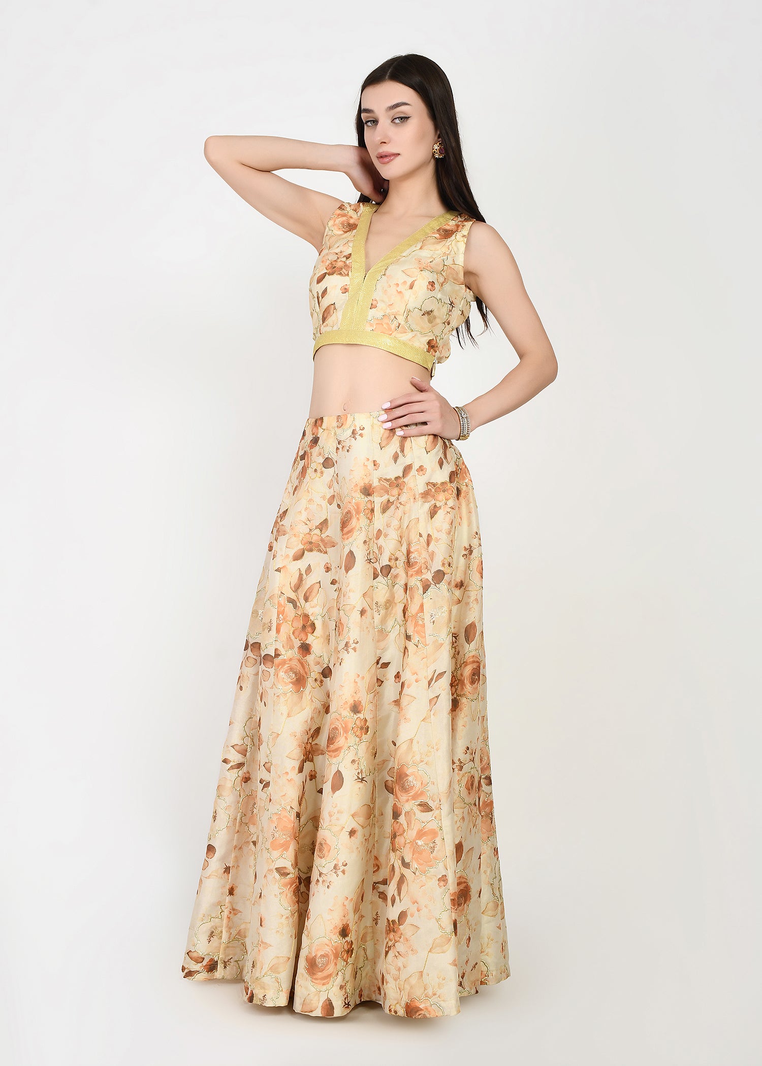 Sunset Hues Yellow Floral Crop-top Skirt Set