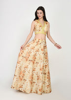 Sunset Hues Yellow Floral Crop-top Skirt Set