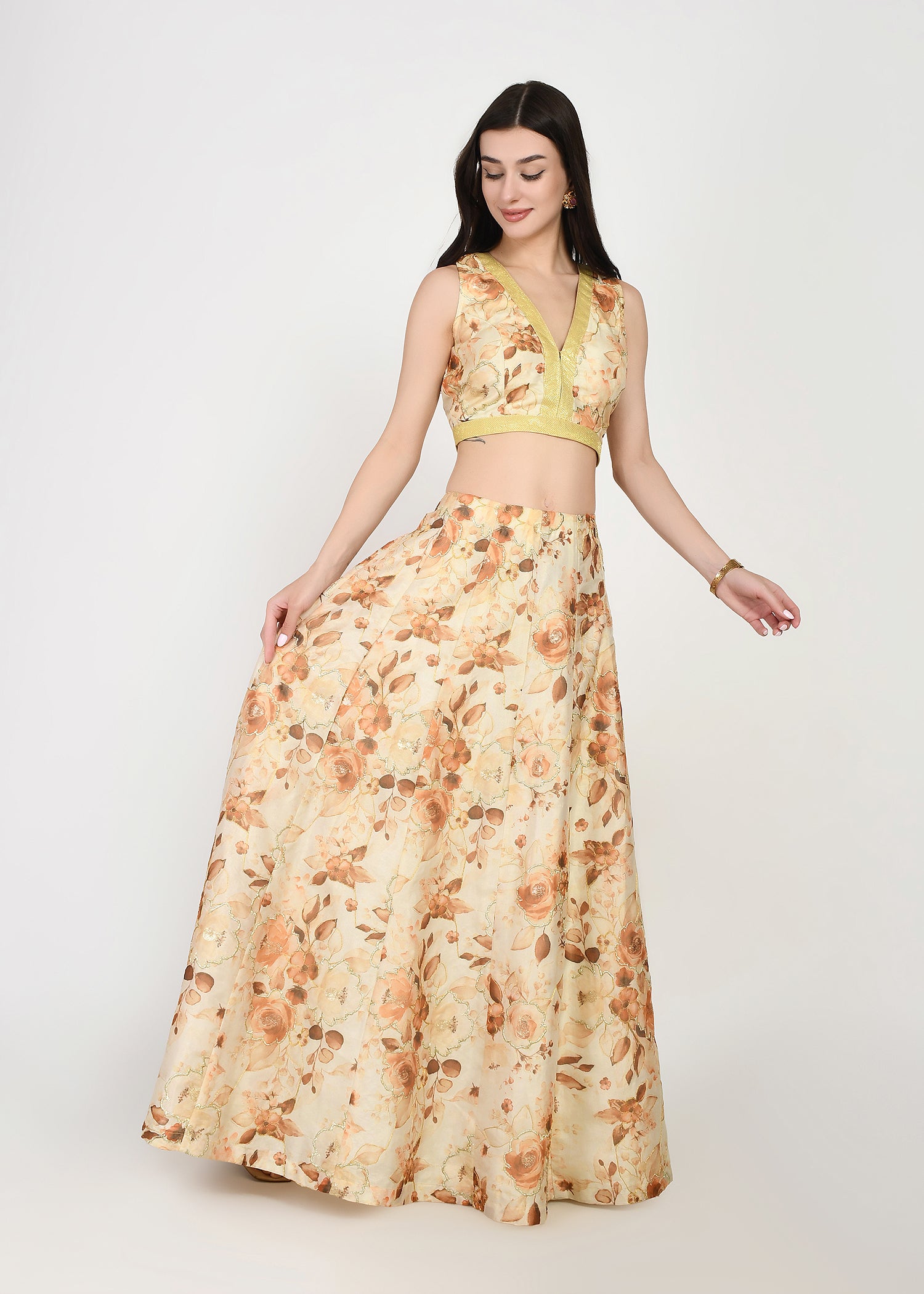 Sunset Hues Yellow Floral Crop-top Skirt Set