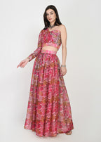Fuchsia Flora One-Shoulder Crop Top & Skirt Set