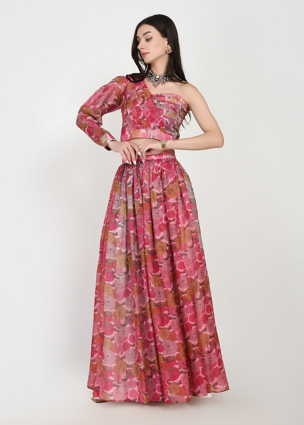 Fuchsia Flora One-Shoulder Crop Top & Skirt Set