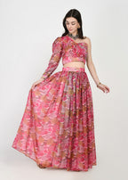 Fuchsia Flora One-Shoulder Crop Top & Skirt Set
