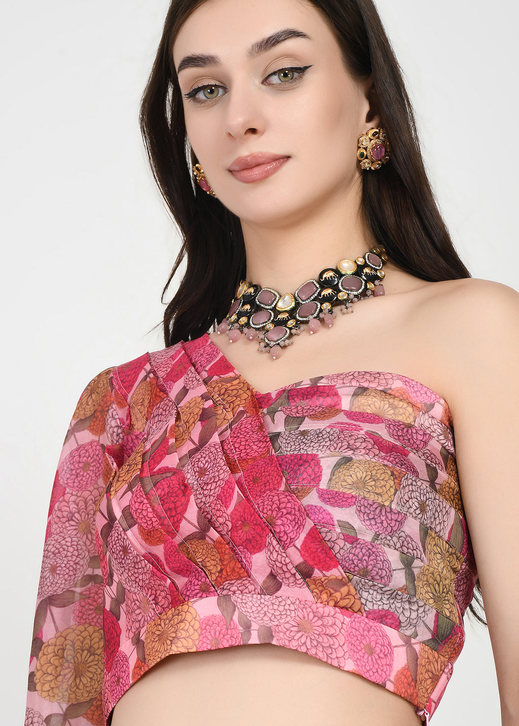Fuchsia Flora One-Shoulder Crop Top & Skirt Set
