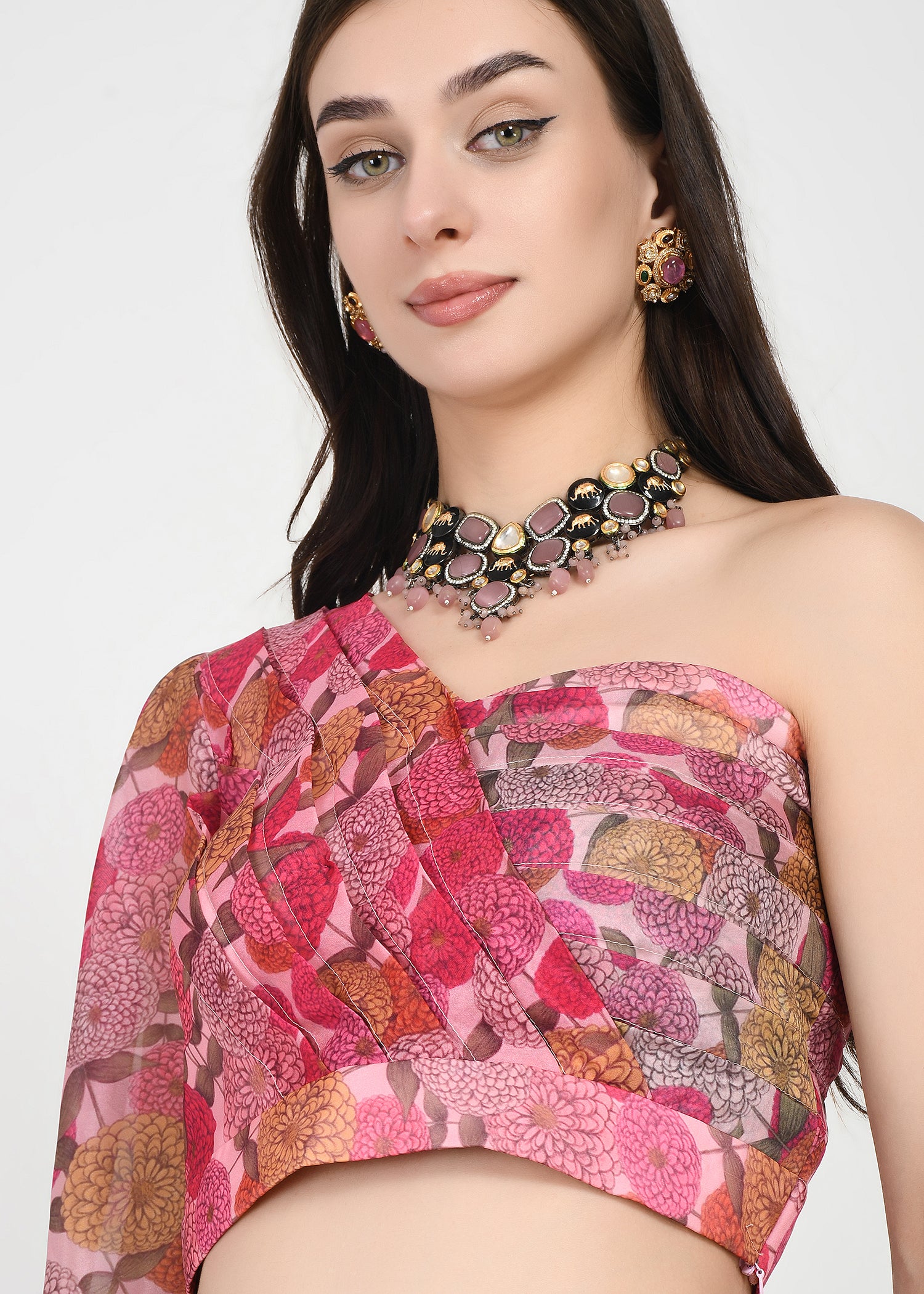 Fuchsia Flora One-Shoulder Crop Top & Skirt Set