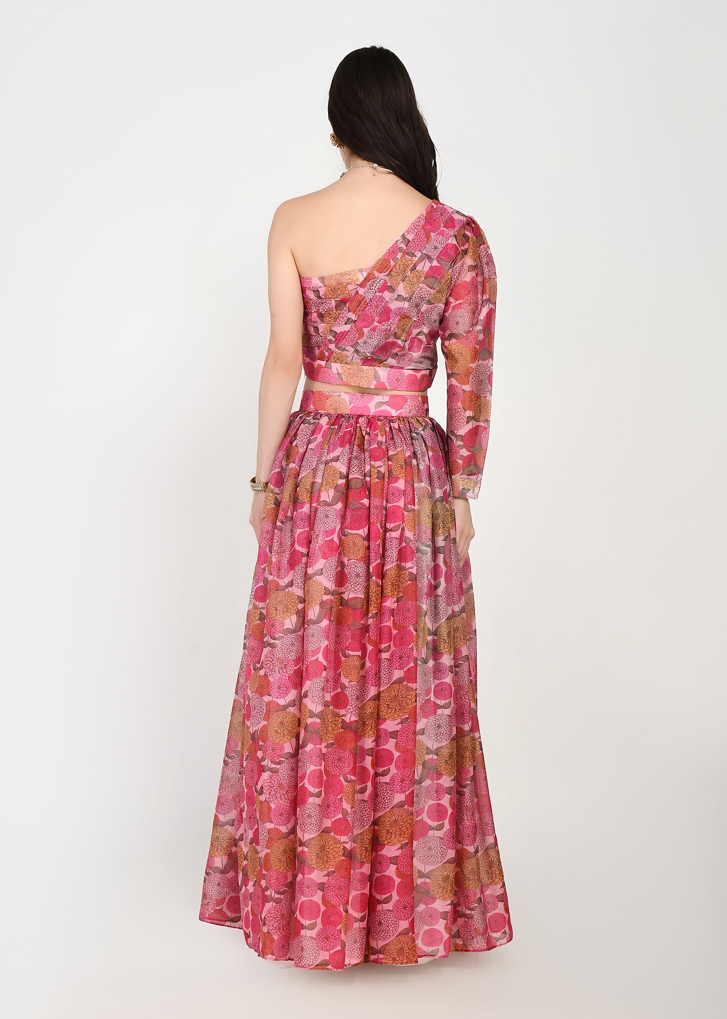Fuchsia Flora One-Shoulder Crop Top & Skirt Set