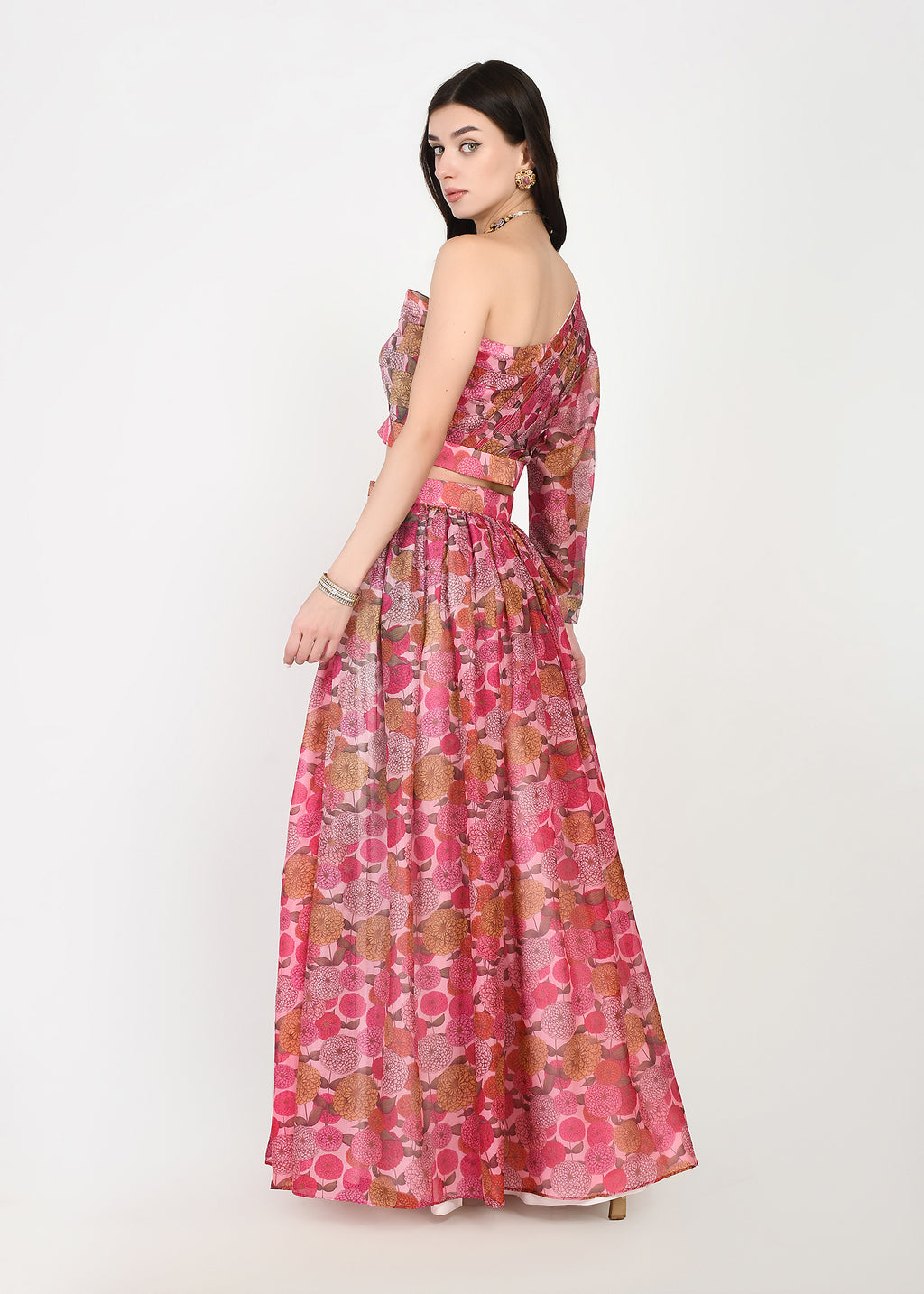 Fuchsia Flora One-Shoulder Crop Top & Skirt Set