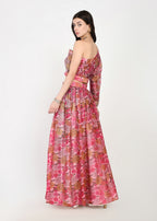 Fuchsia Flora One-Shoulder Crop Top & Skirt Set