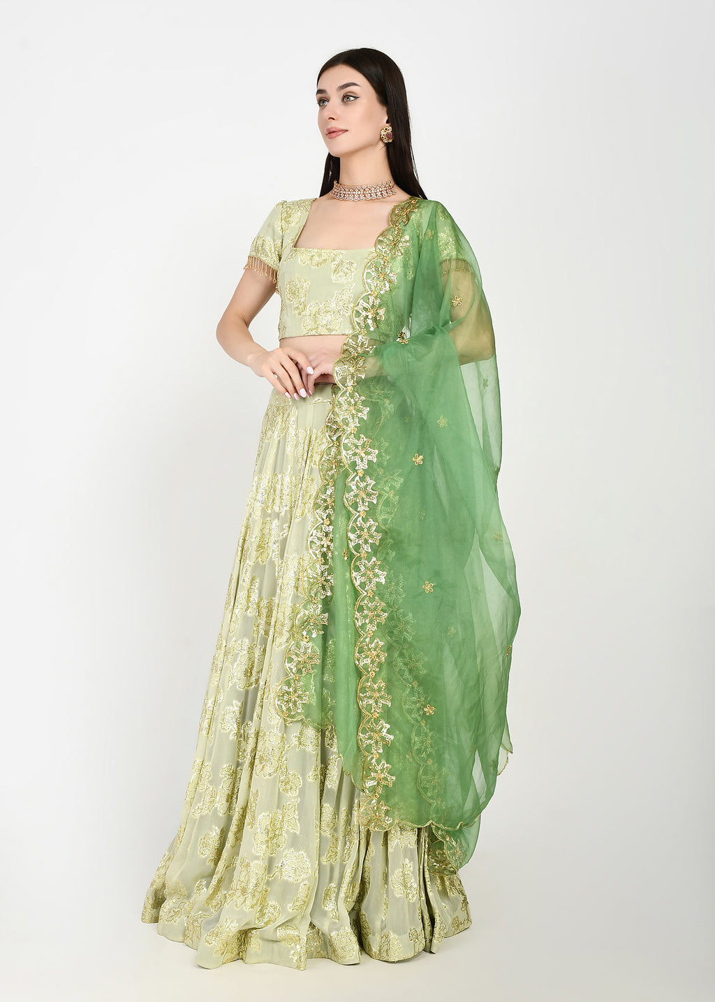 Lime Lux & Emerald Green Lehenga with Cutwork Dupatta