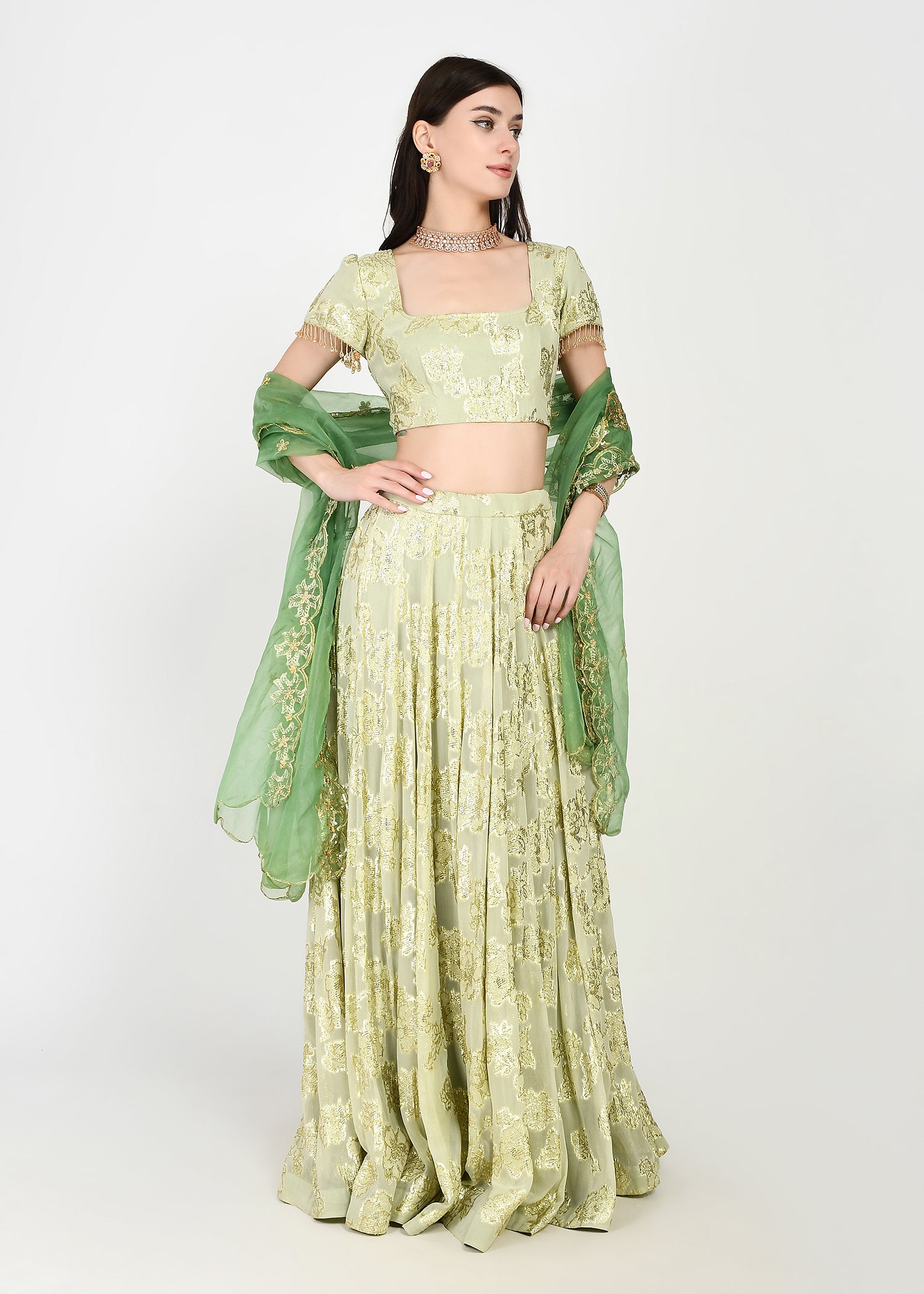 Lime Lux & Emerald Green Lehenga with Cutwork Dupatta