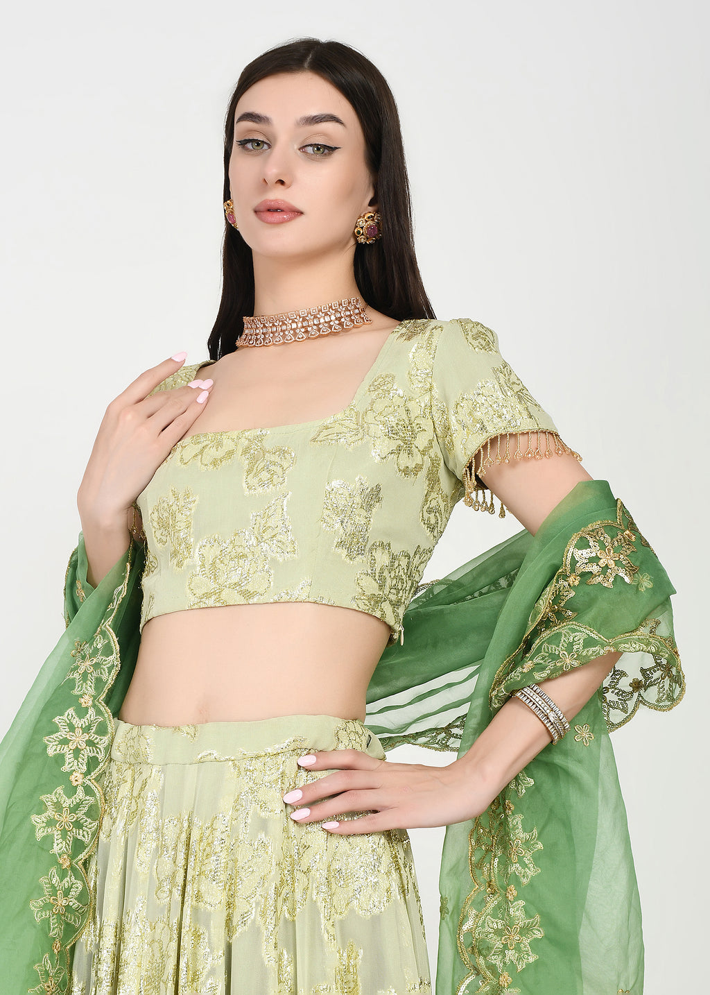Lime Lux & Emerald Green Lehenga with Cutwork Dupatta
