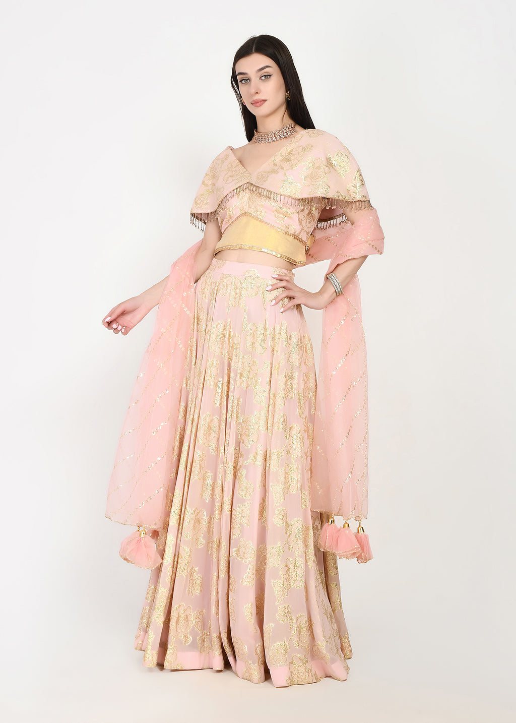 Ethereal pink and gold zari crop-top skirt ensemble with dupatta
