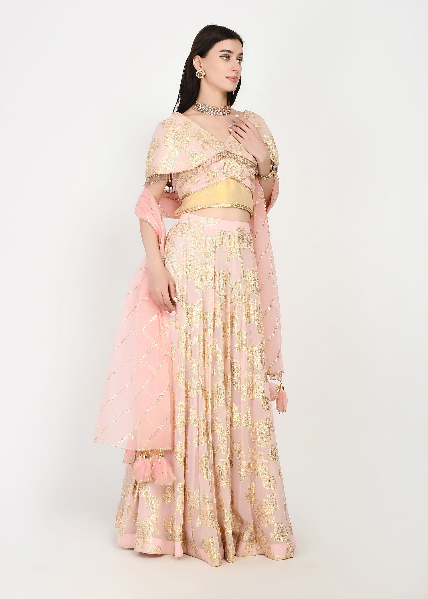Ethereal pink and gold zari crop-top skirt ensemble with dupatta