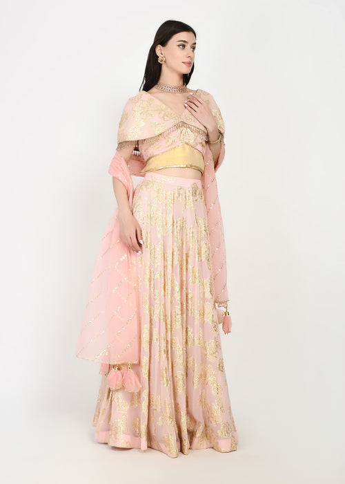 Ethereal pink and gold zari crop-top skirt ensemble with dupatta