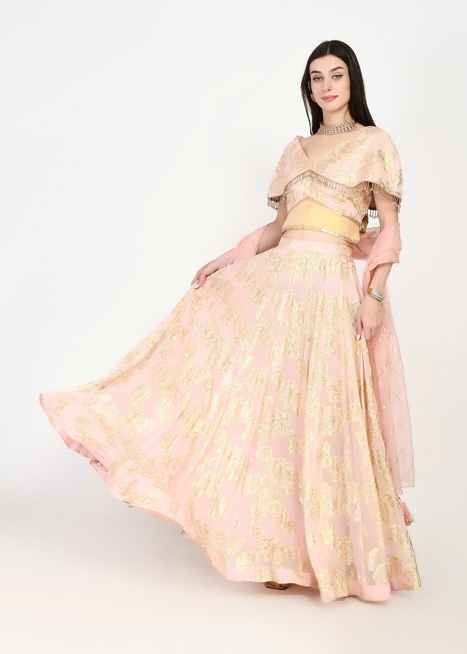 Ethereal pink and gold zari crop-top skirt ensemble with dupatta