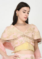 Ethereal pink and gold zari crop-top skirt ensemble with dupatta