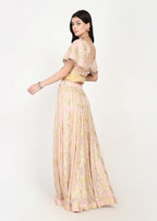 Ethereal pink and gold zari crop-top skirt ensemble with dupatta