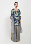 Indigo & Powder Blue Zari Kurta Sharara Set with Scalloped Organza Dupatta