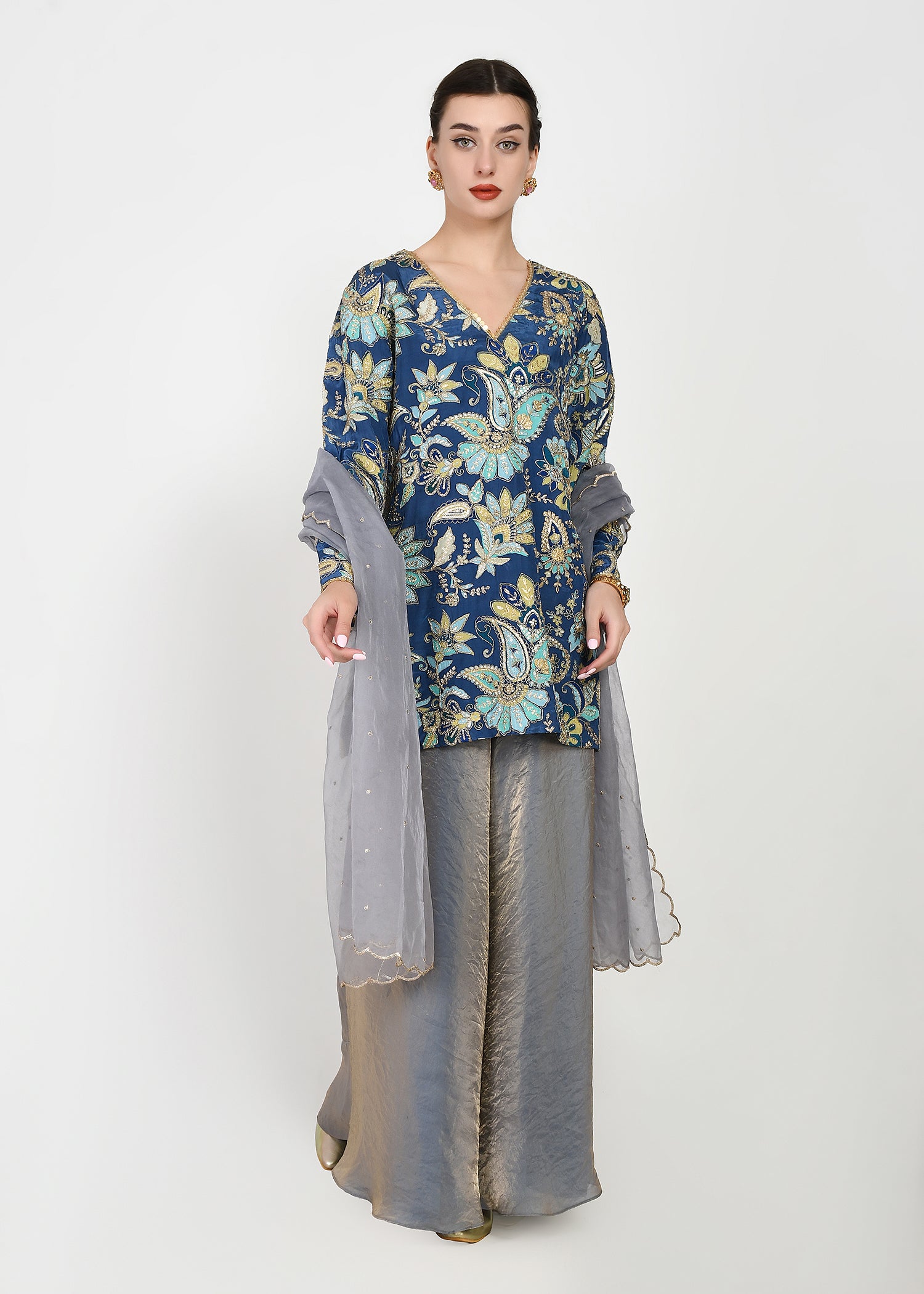 Indigo & Powder Blue Zari Kurta Sharara Set with Scalloped Organza Dupatta