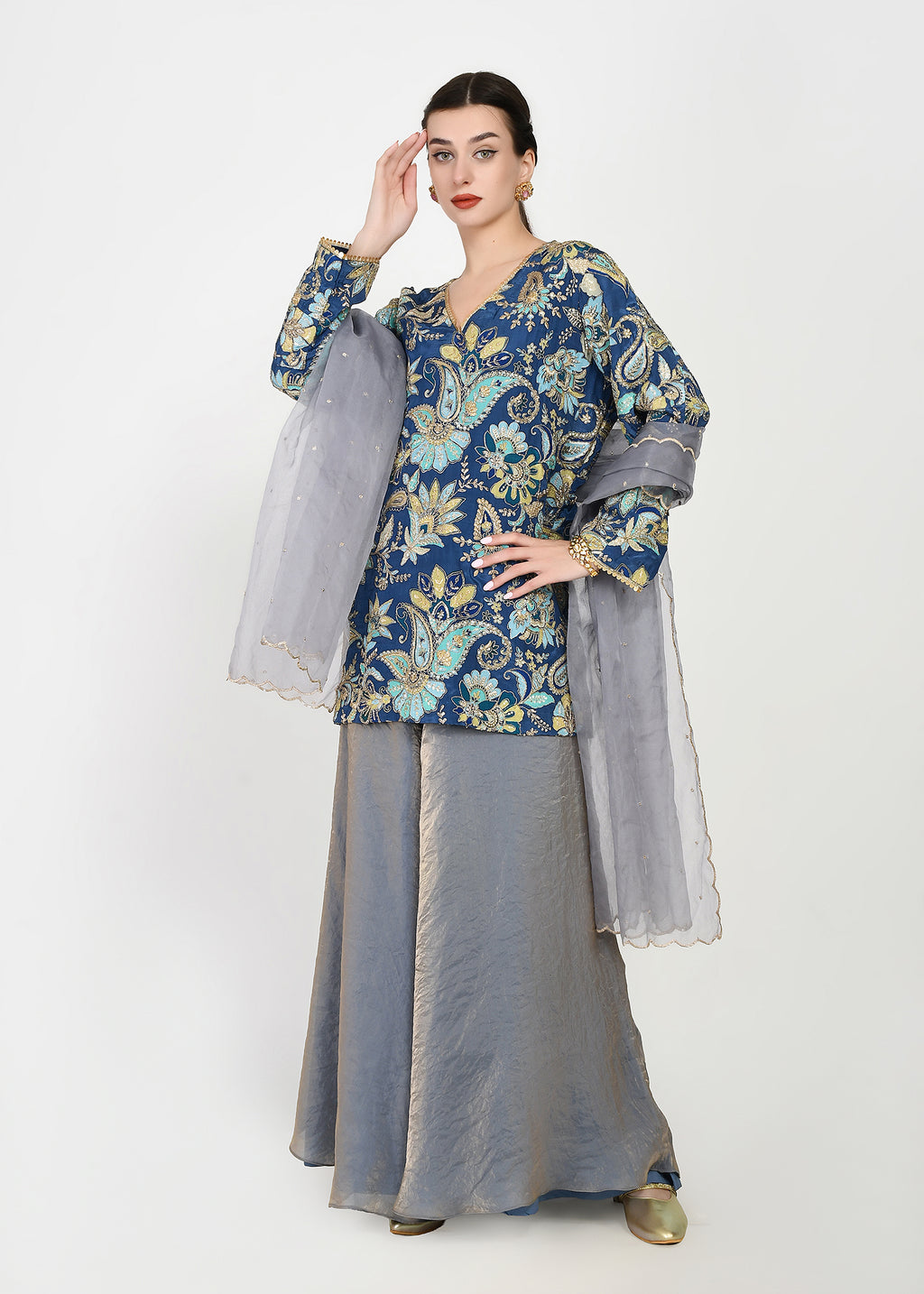 Indigo & Powder Blue Zari Kurta Sharara Set with Scalloped Organza Dupatta