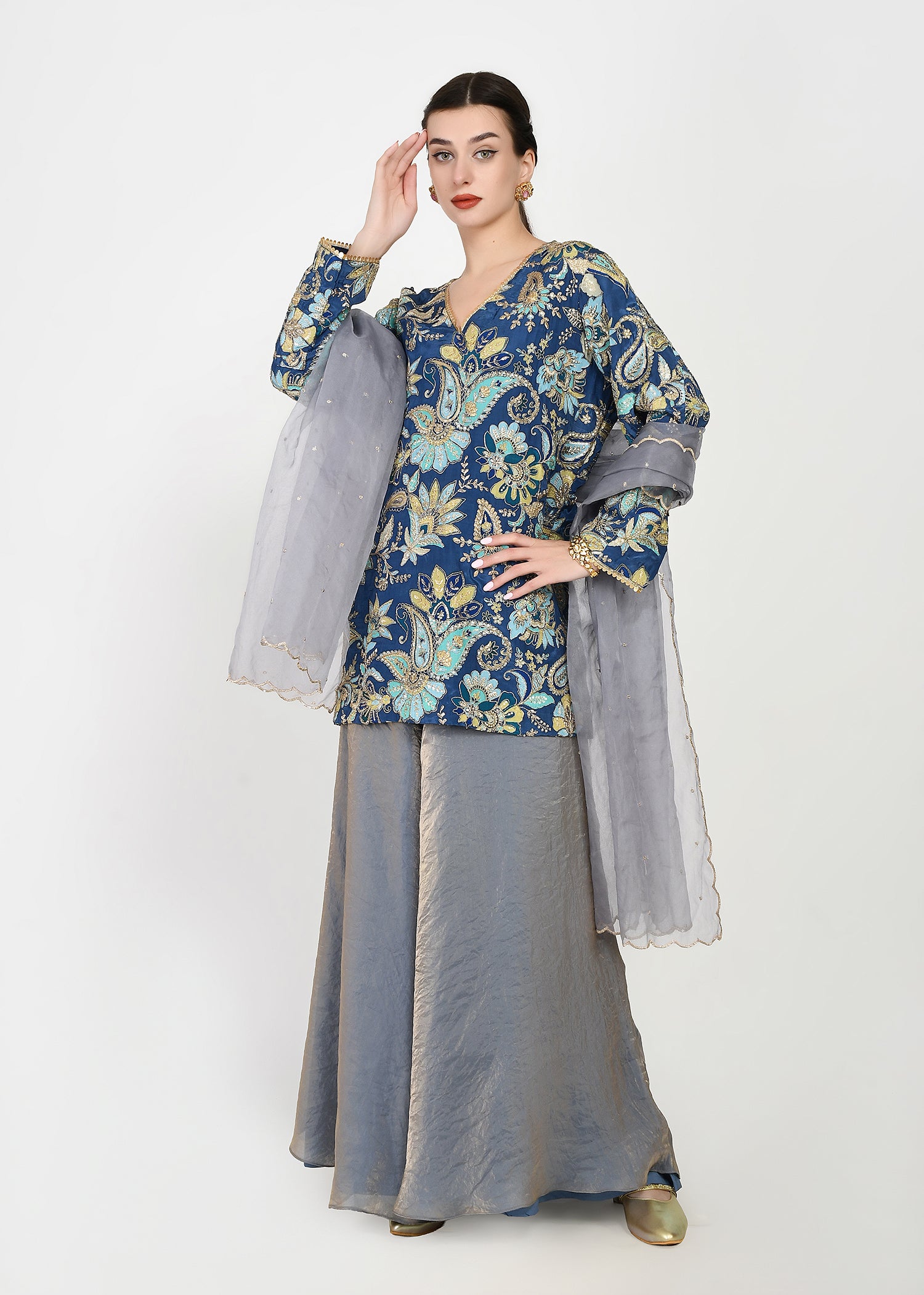 Indigo & Powder Blue Zari Kurta Sharara Set with Scalloped Organza Dupatta