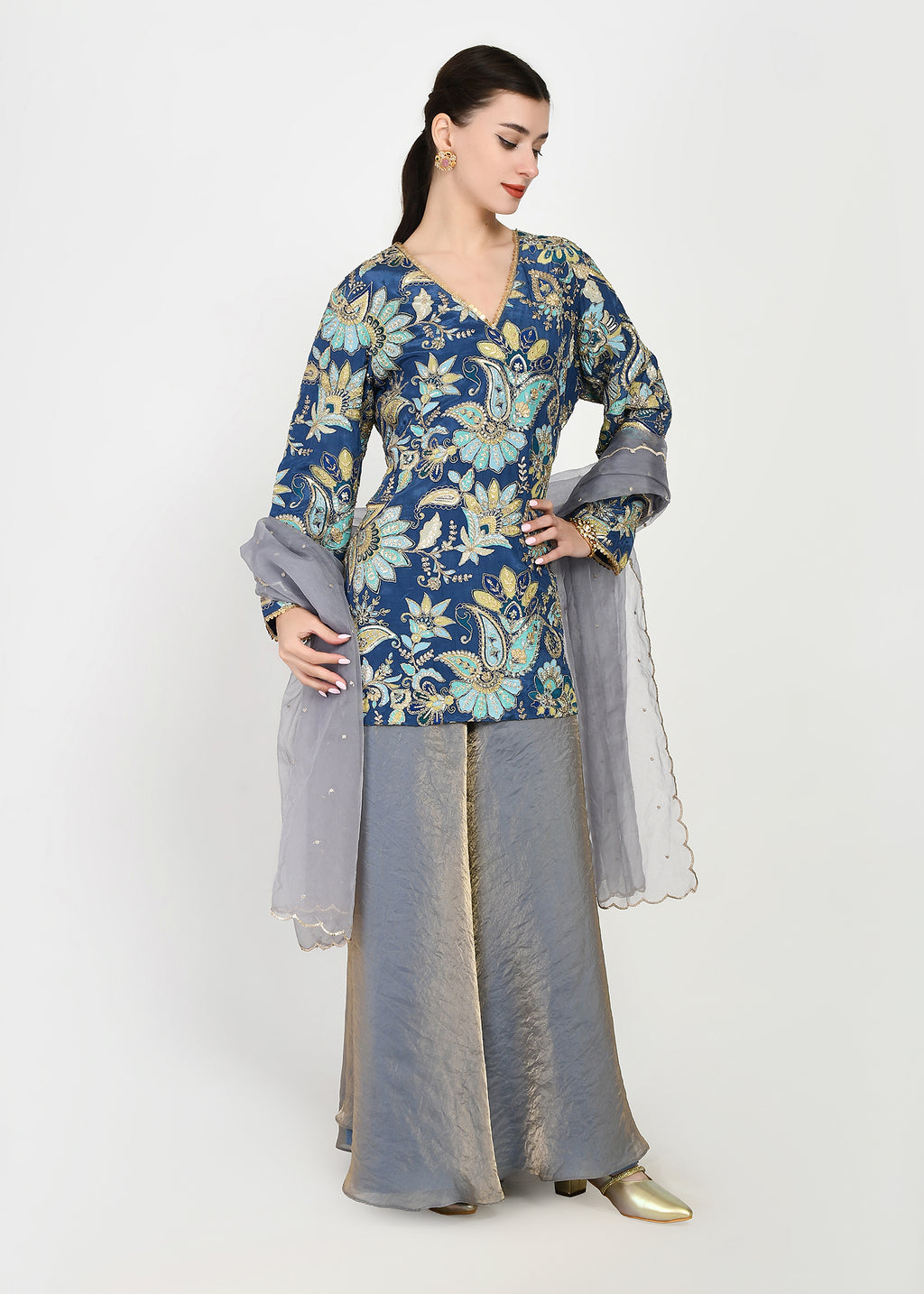 Indigo & Powder Blue Zari Kurta Sharara Set with Scalloped Organza Dupatta