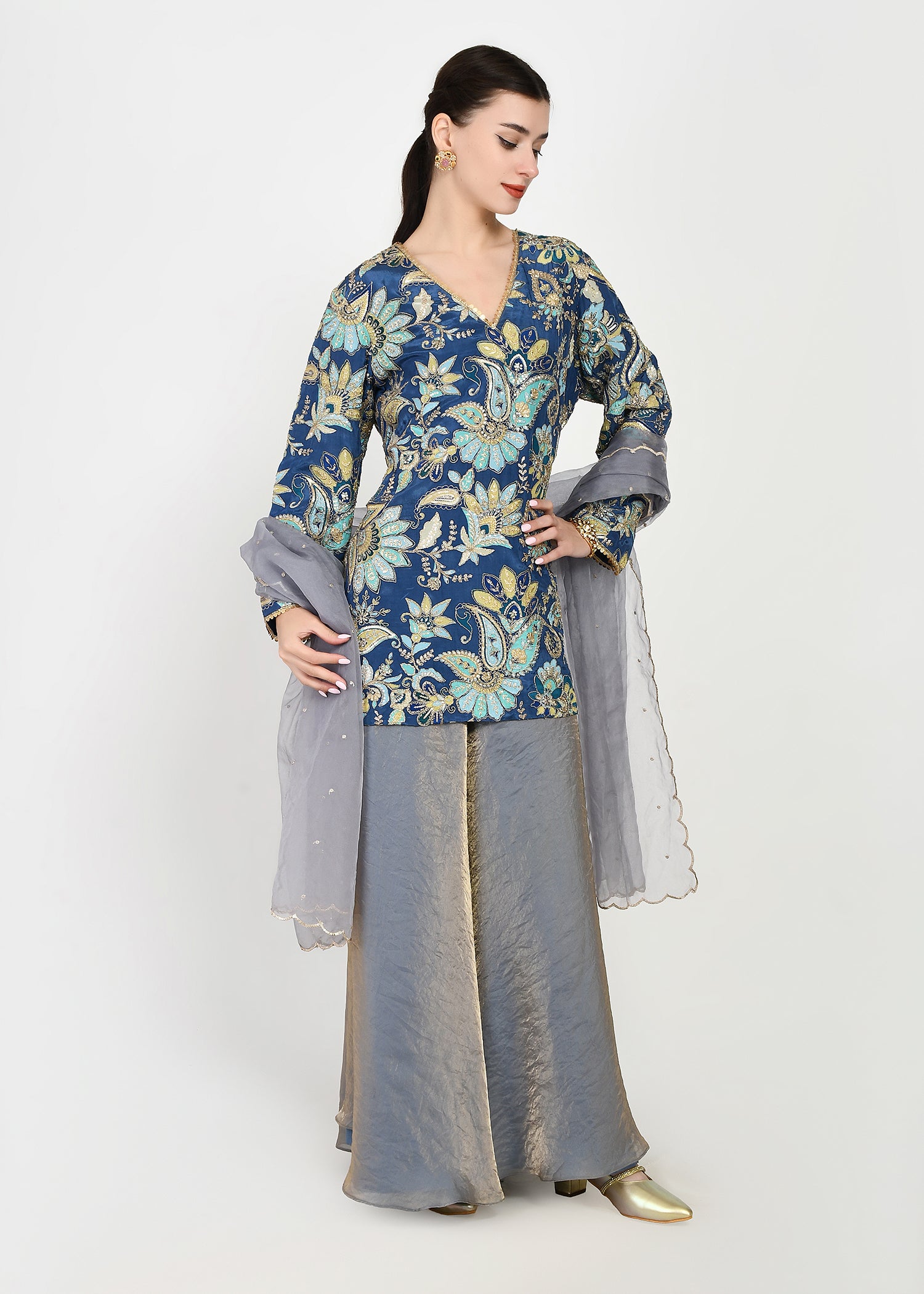 Indigo & Powder Blue Zari Kurta Sharara Set with Scalloped Organza Dupatta