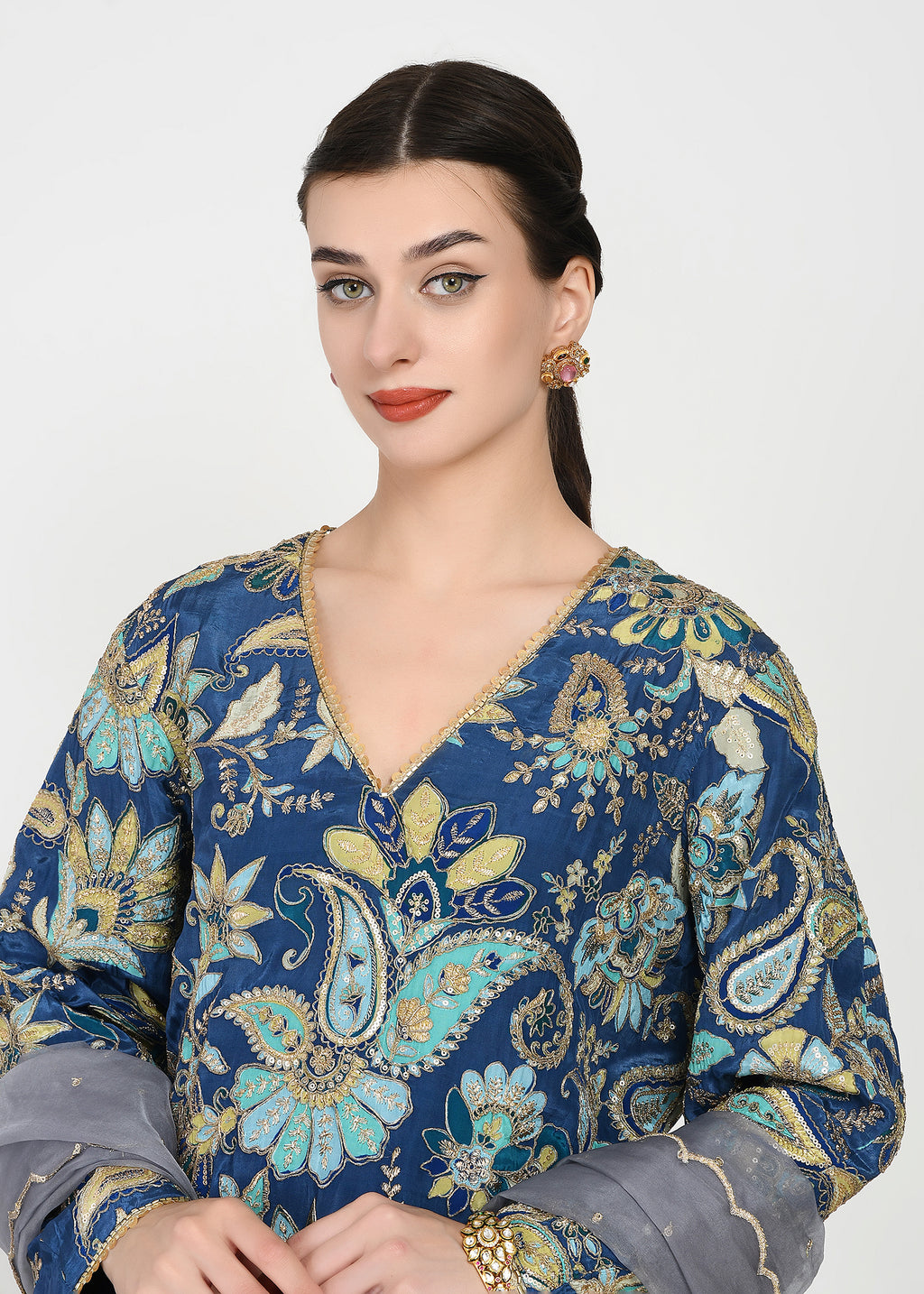 Indigo & Powder Blue Zari Kurta Sharara Set with Scalloped Organza Dupatta