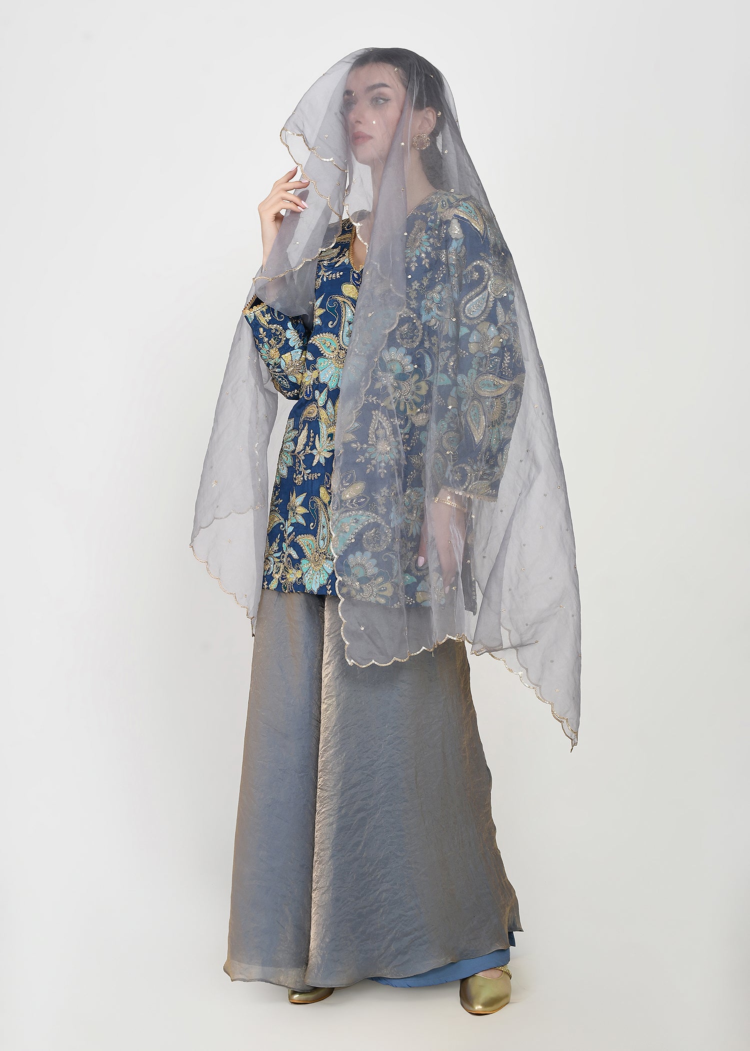 Indigo & Powder Blue Zari Kurta Sharara Set with Scalloped Organza Dupatta