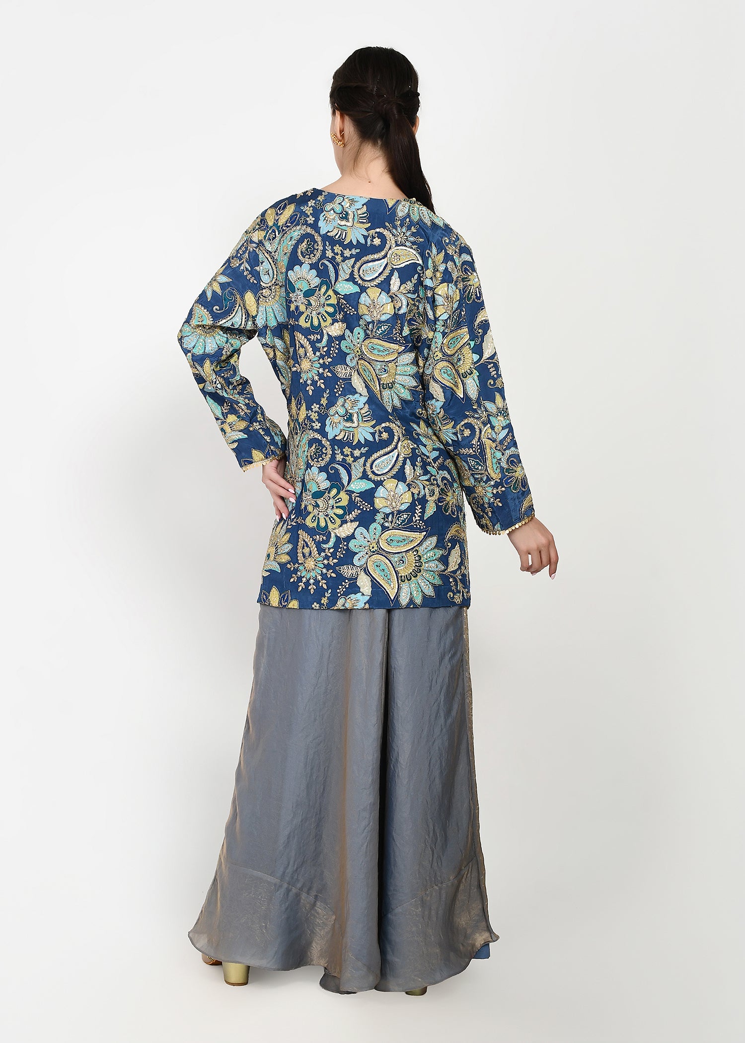 Indigo & Powder Blue Zari Kurta Sharara Set with Scalloped Organza Dupatta