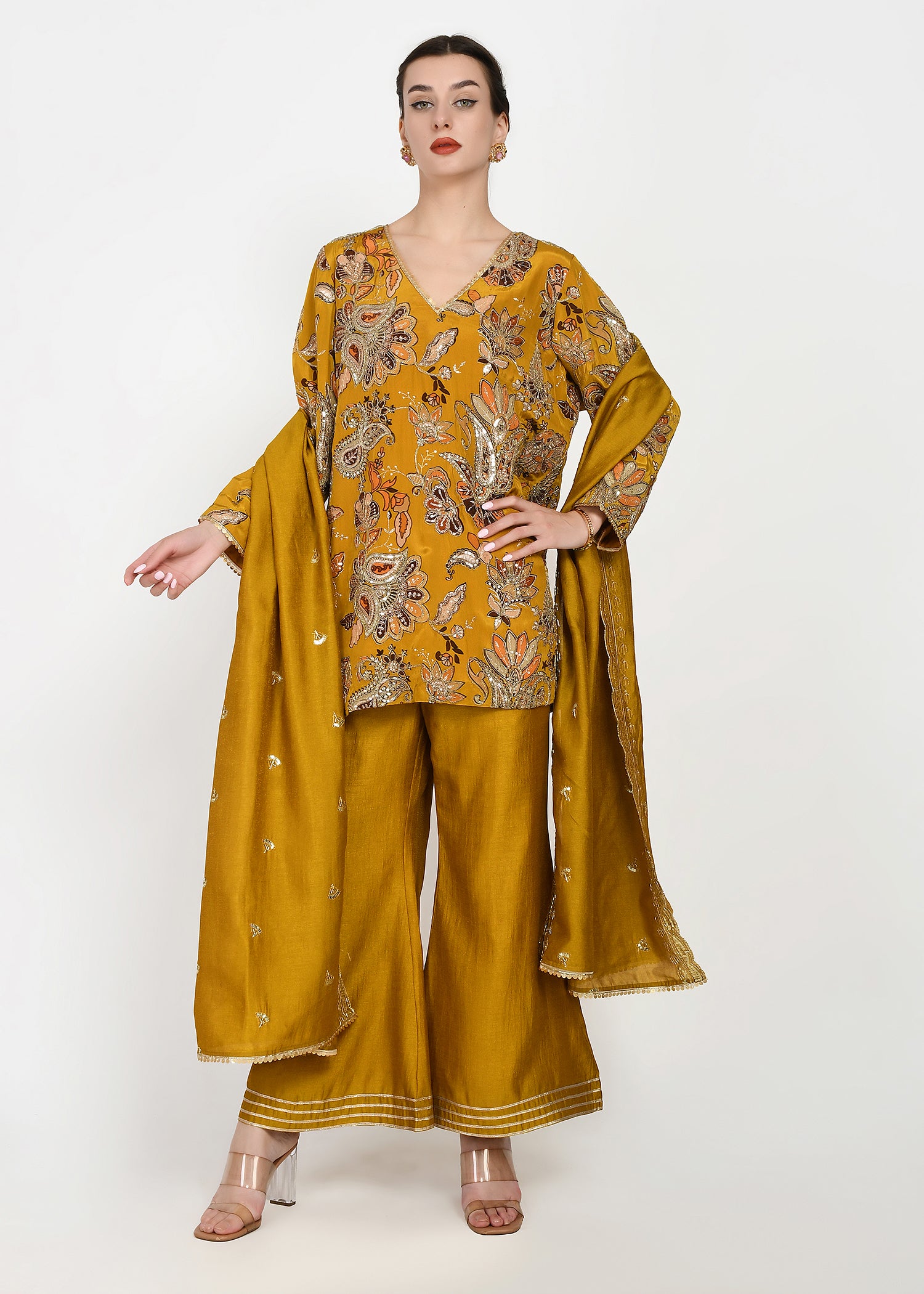 Festive Amber Yellow Zari Kurta Bellbottom Set with Cutwork Dupatta
