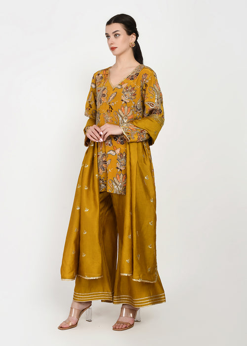 Festive Amber Yellow Zari Kurta Bellbottom Set with Cutwork Dupatta