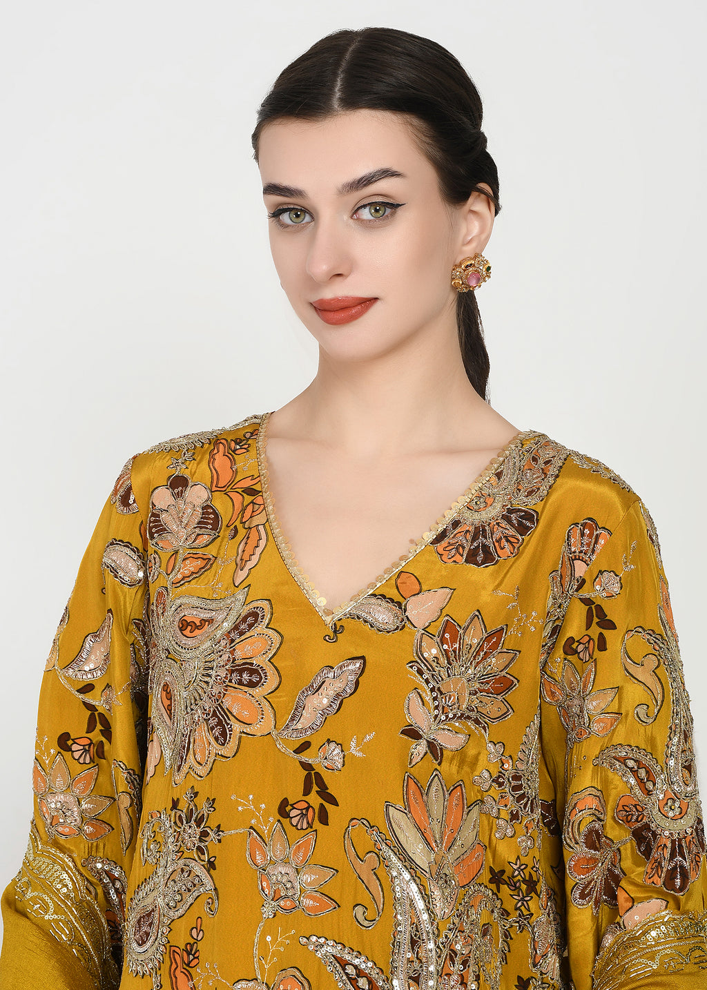 Festive Amber Yellow Zari Kurta Bellbottom Set with Cutwork Dupatta