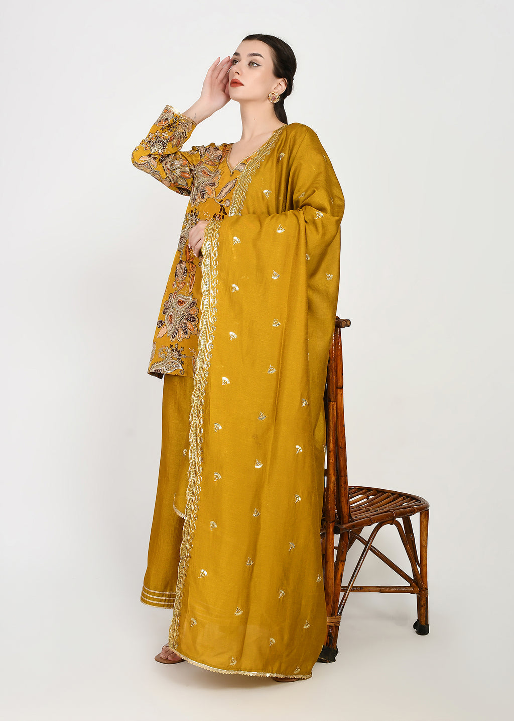Festive Amber Yellow Zari Kurta Bellbottom Set with Cutwork Dupatta