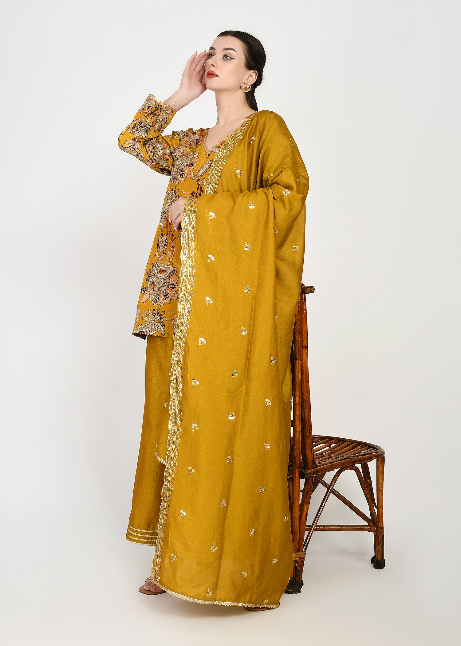Festive Amber Yellow Zari Kurta Bellbottom Set with Cutwork Dupatta
