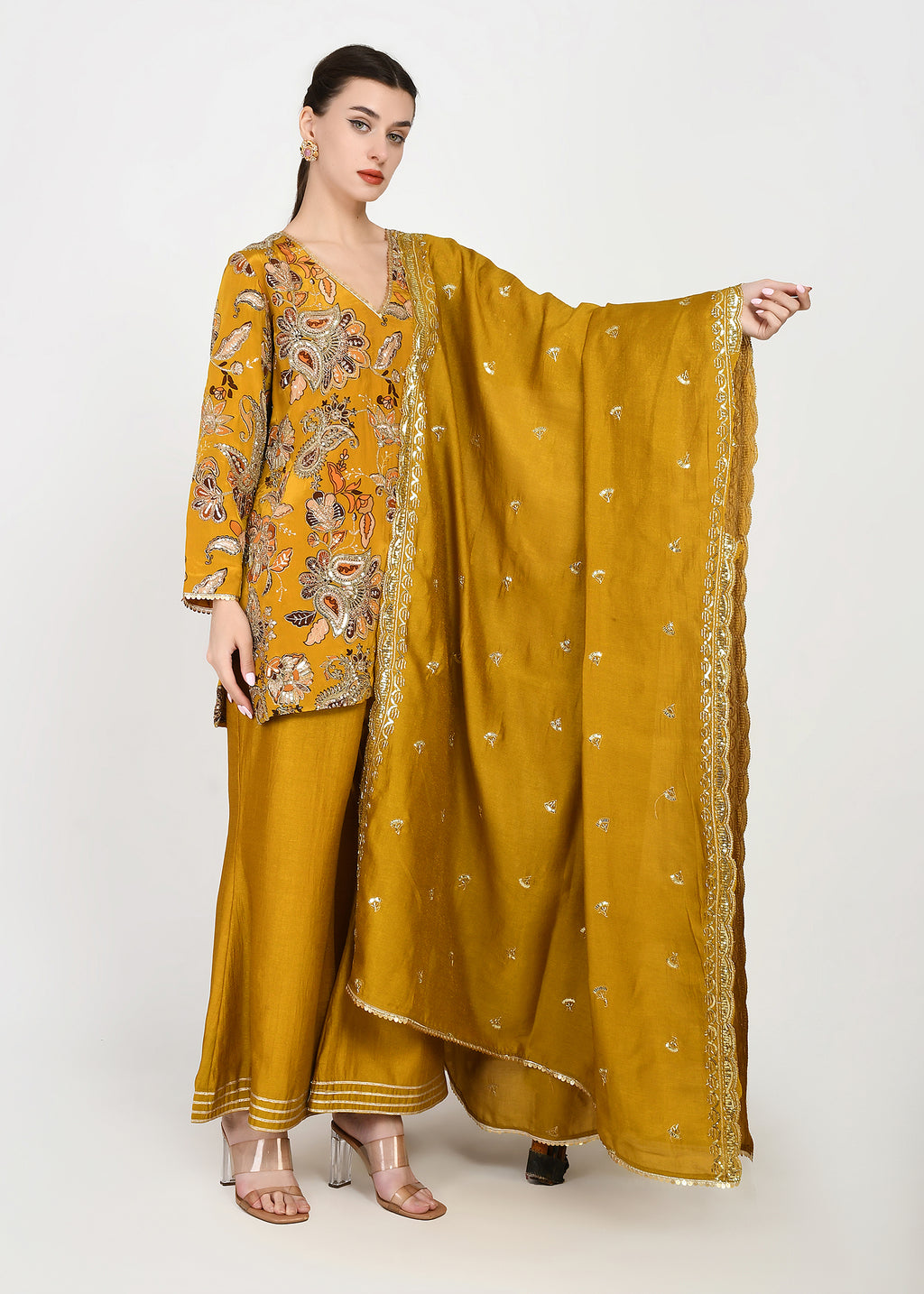 Festive Amber Yellow Zari Kurta Bellbottom Set with Cutwork Dupatta