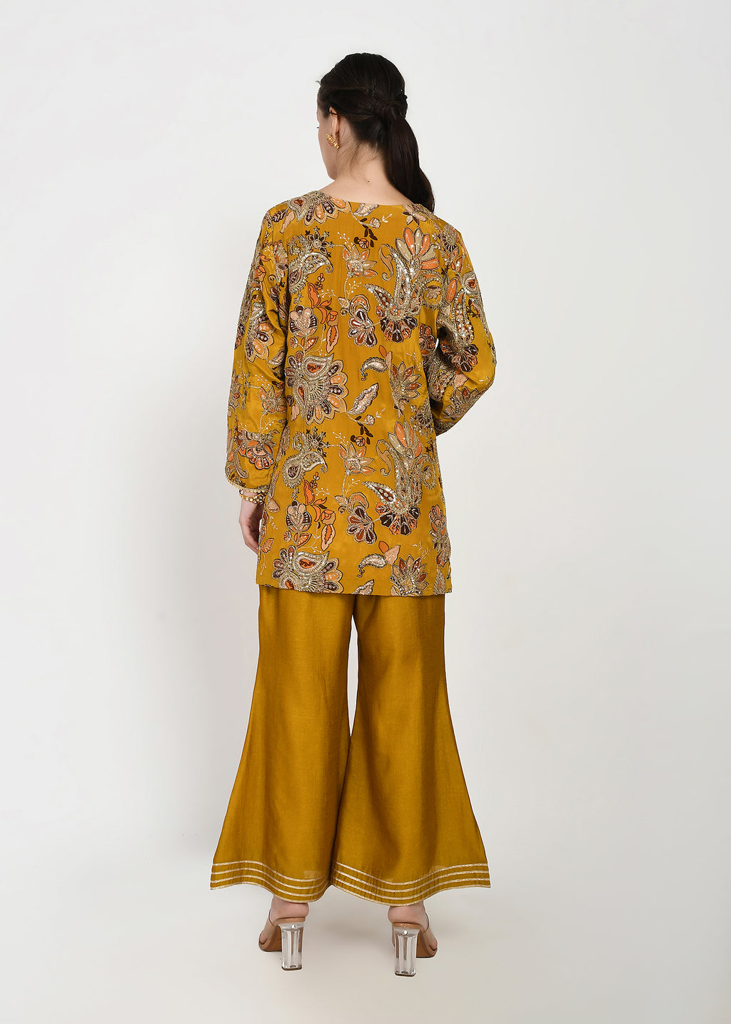 Festive Amber Yellow Zari Kurta Bellbottom Set with Cutwork Dupatta