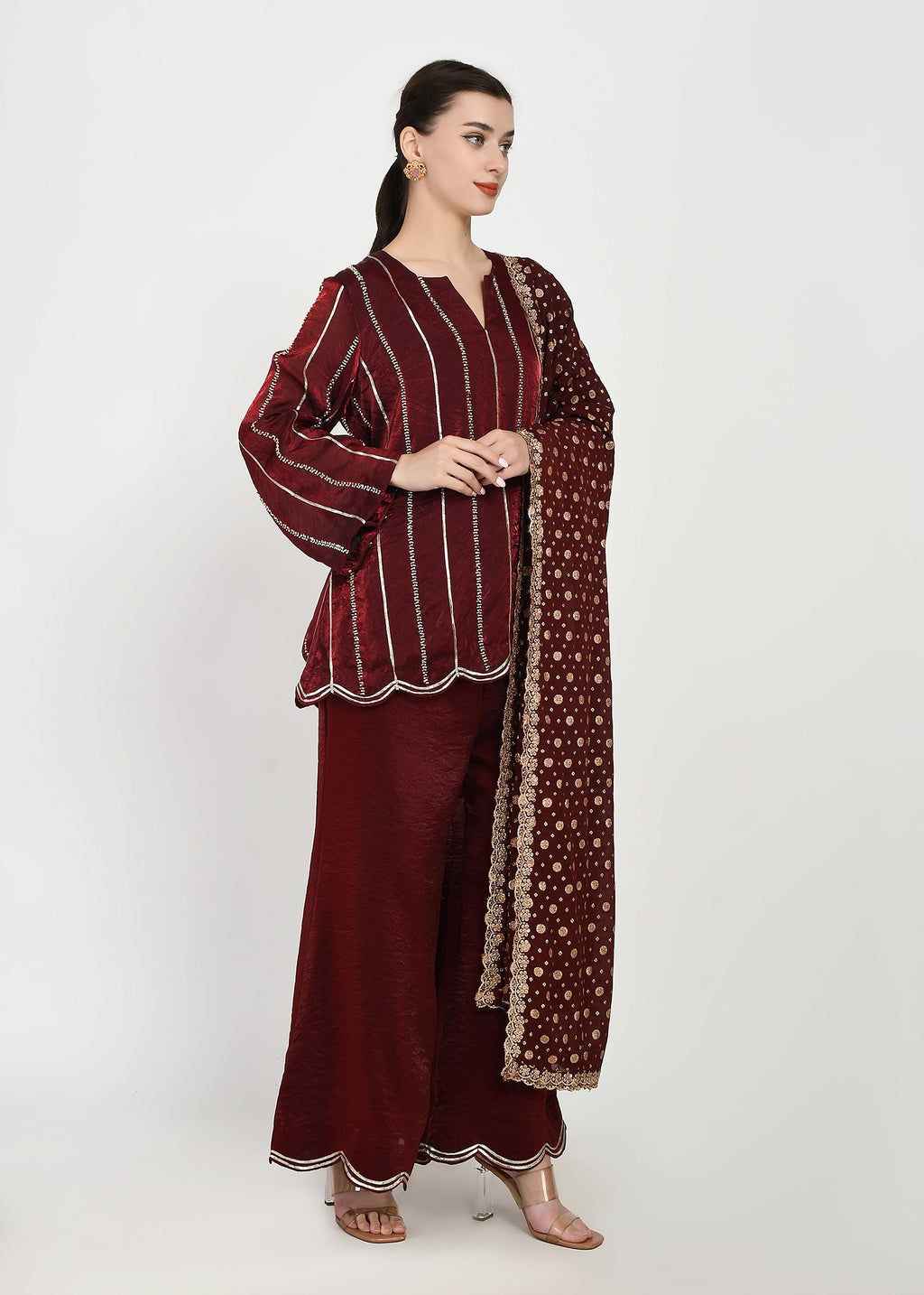 Royale Crimson Cutwork Kurta & Bellbottom Set with Banarasi Dupatta